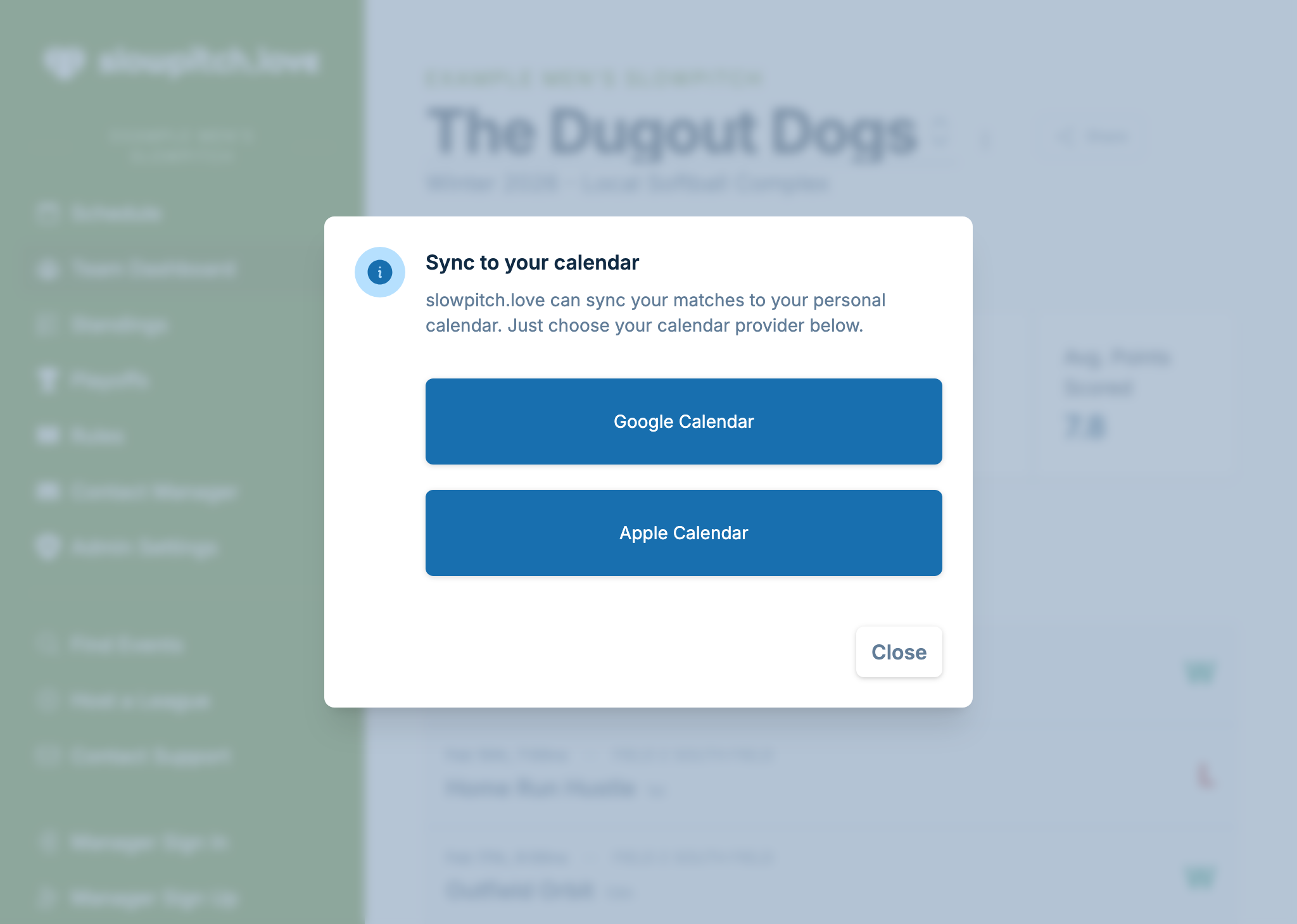 A screenshot showing the options of subscribing to a team calendar, which allows syncing to Google Calendar and Apple Calendar