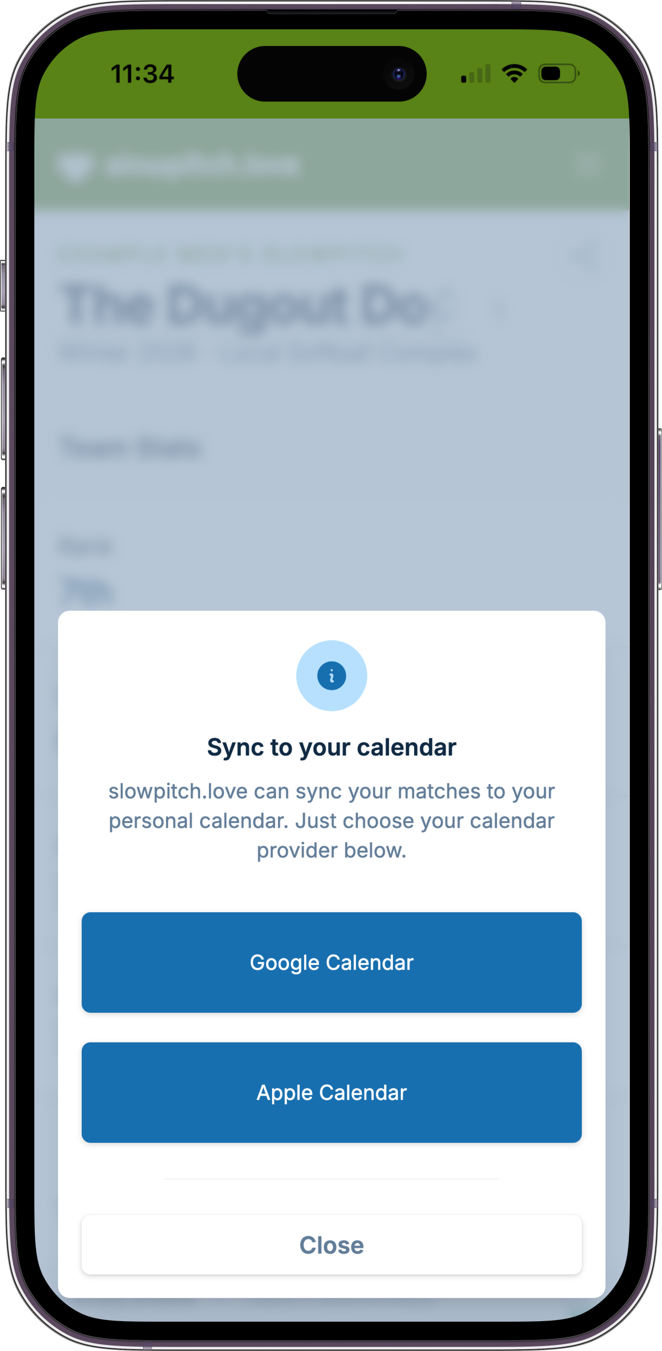 A screenshot showing the options of subscribing to a team calendar, which allows syncing to Google Calendar and Apple Calendar
