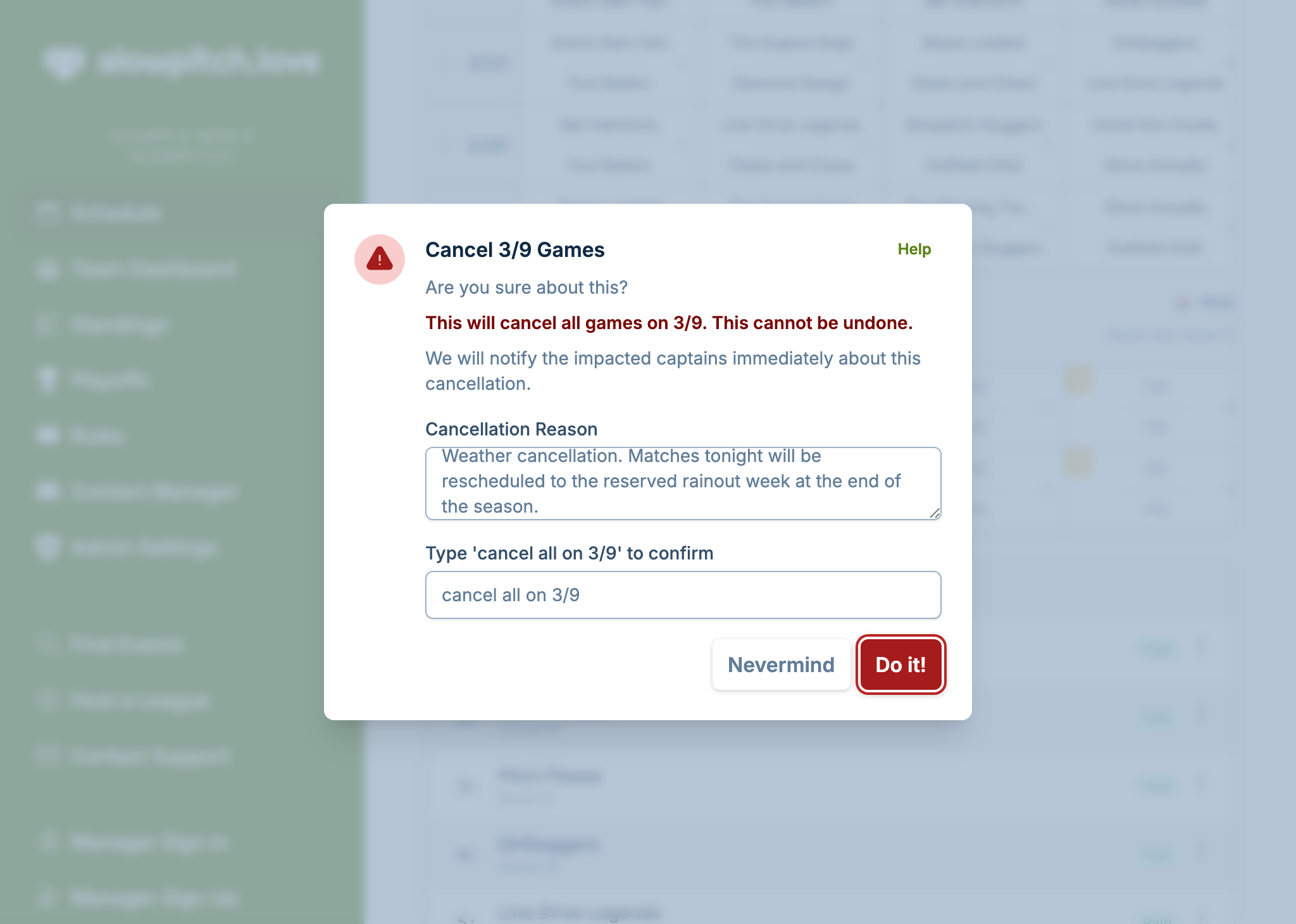 A screenshot showing the game cancellation dialog, where the manager has decided to cancel games and is providing a message to send to captains
