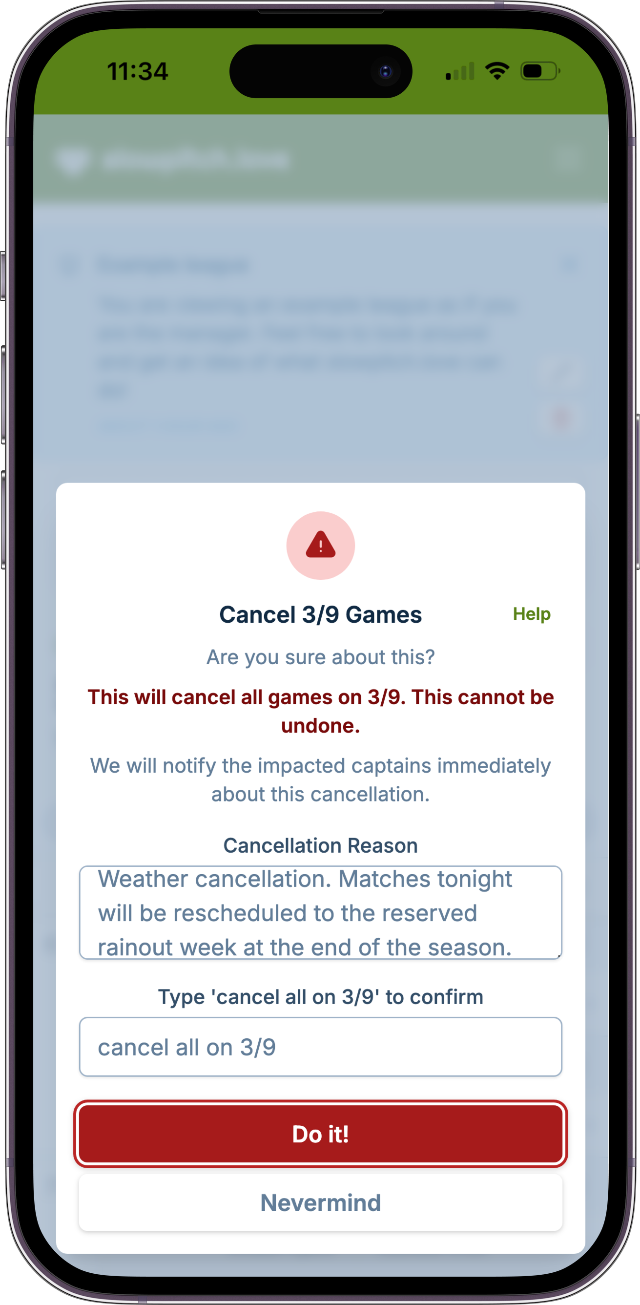 A screenshot showing the game cancellation dialog, where the manager has decided to cancel games and is providing a message to send to captains