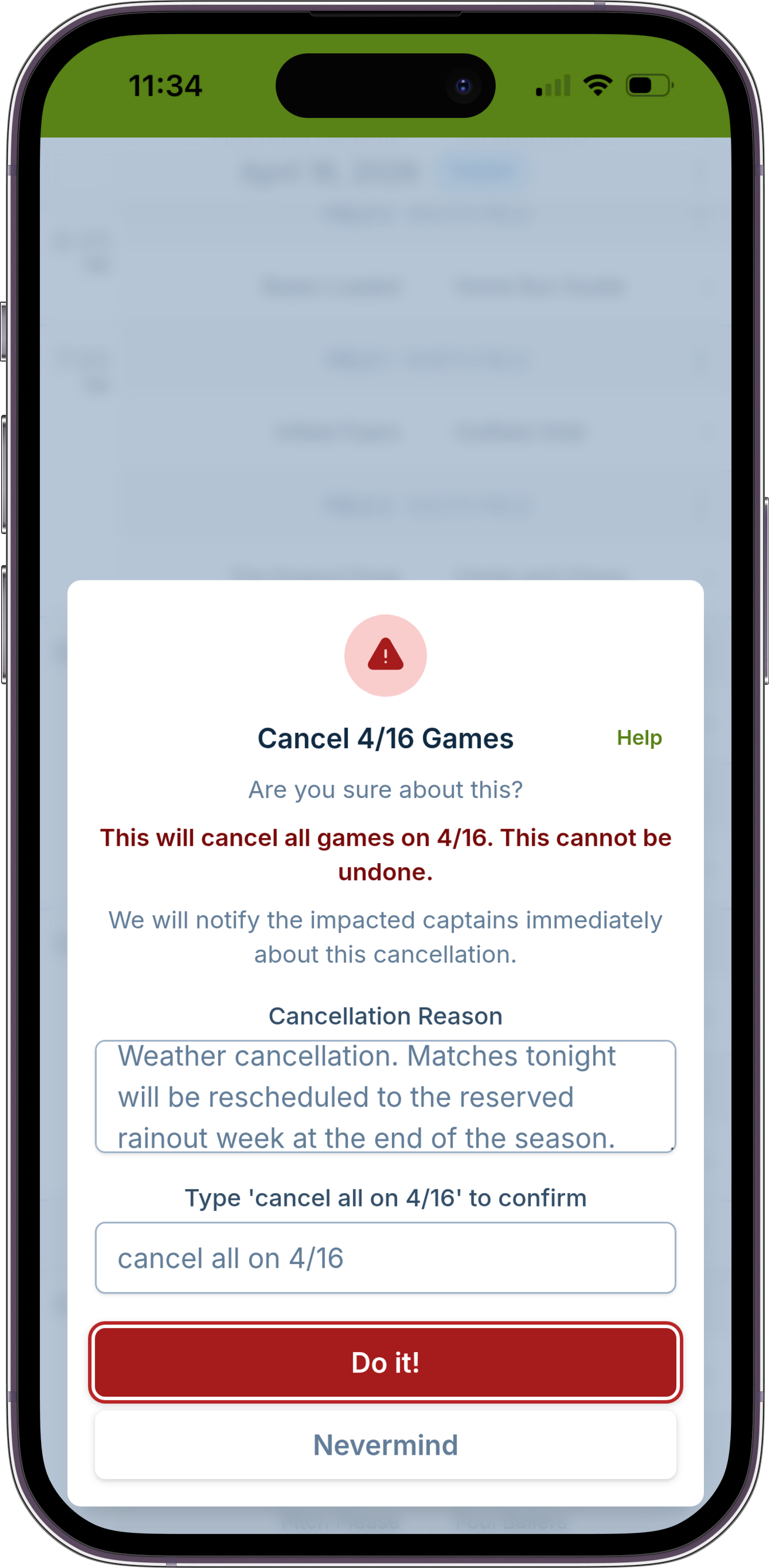 A screenshot showing the game cancellation dialog, where the manager has decided to cancel games and is providing a message to send to captains