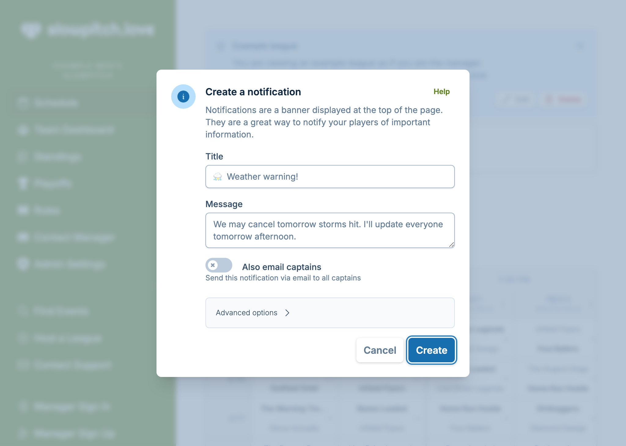 A screenshot showing the notification creation form, where a manager is notifying captains games may be canceled if the radar doesn't improve