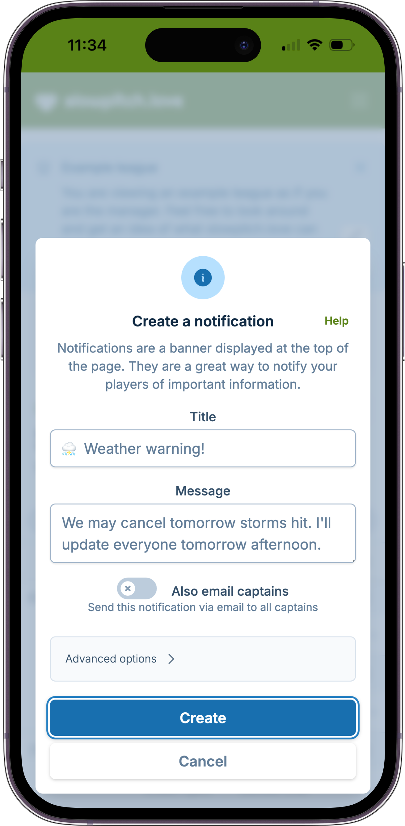 A screenshot showing the notification creation form, where a manager is notifying captains games may be canceled if the radar doesn't improve