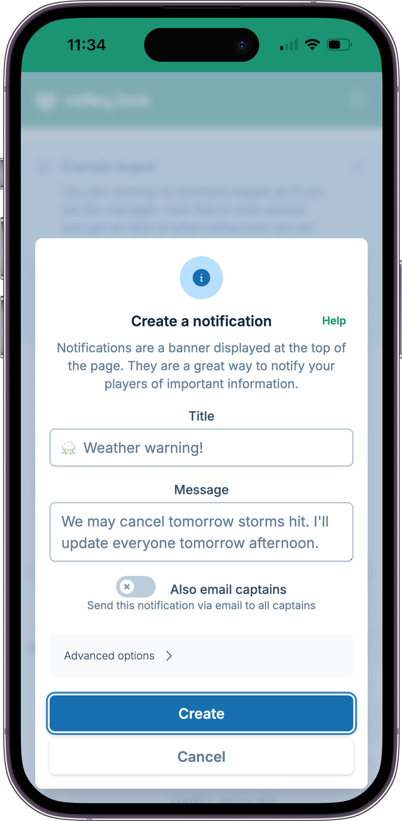 A screenshot showing the notification creation form, where a manager is notifying captains games may be canceled if the radar doesn't improve