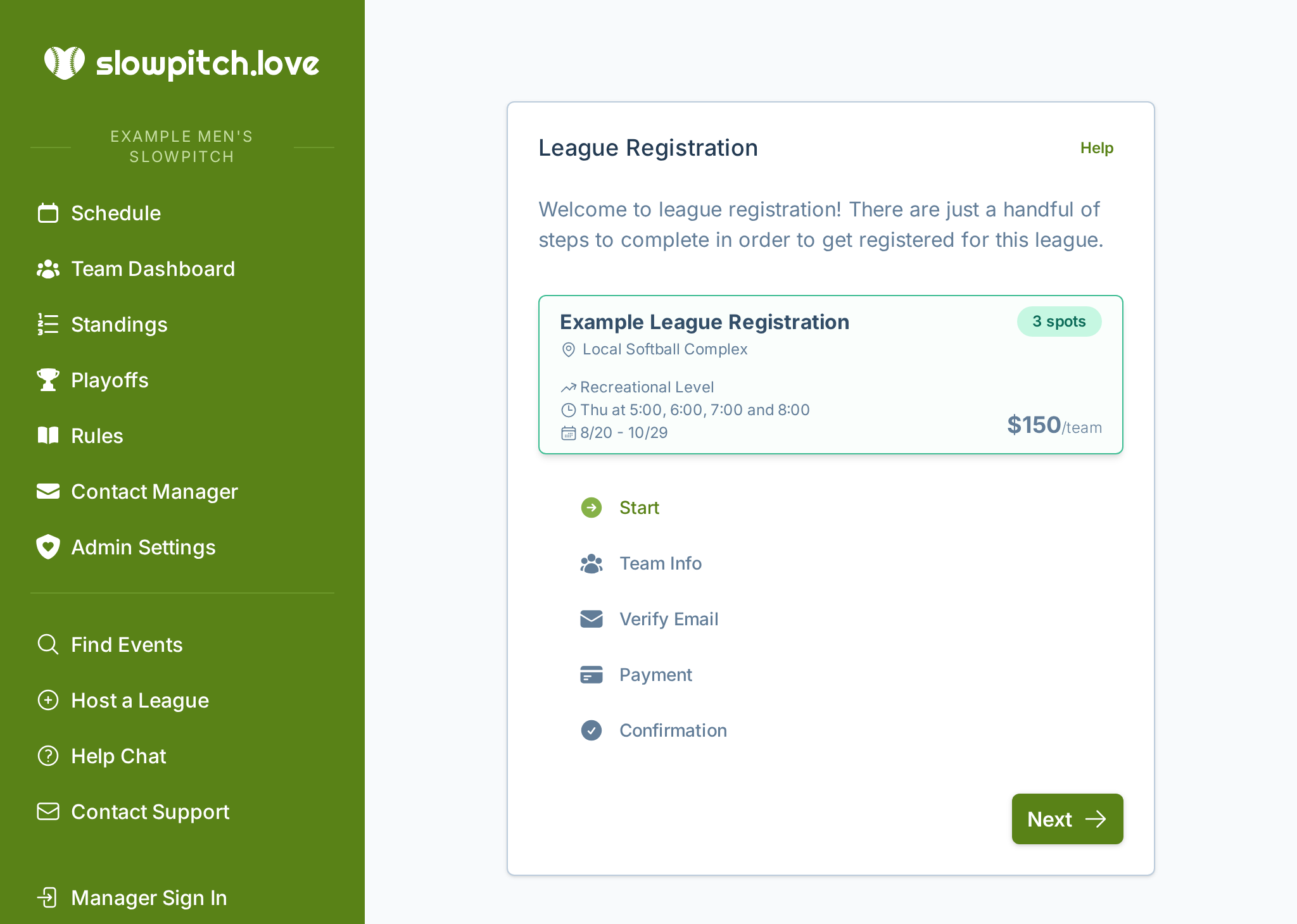 A screenshot of the team registration experience