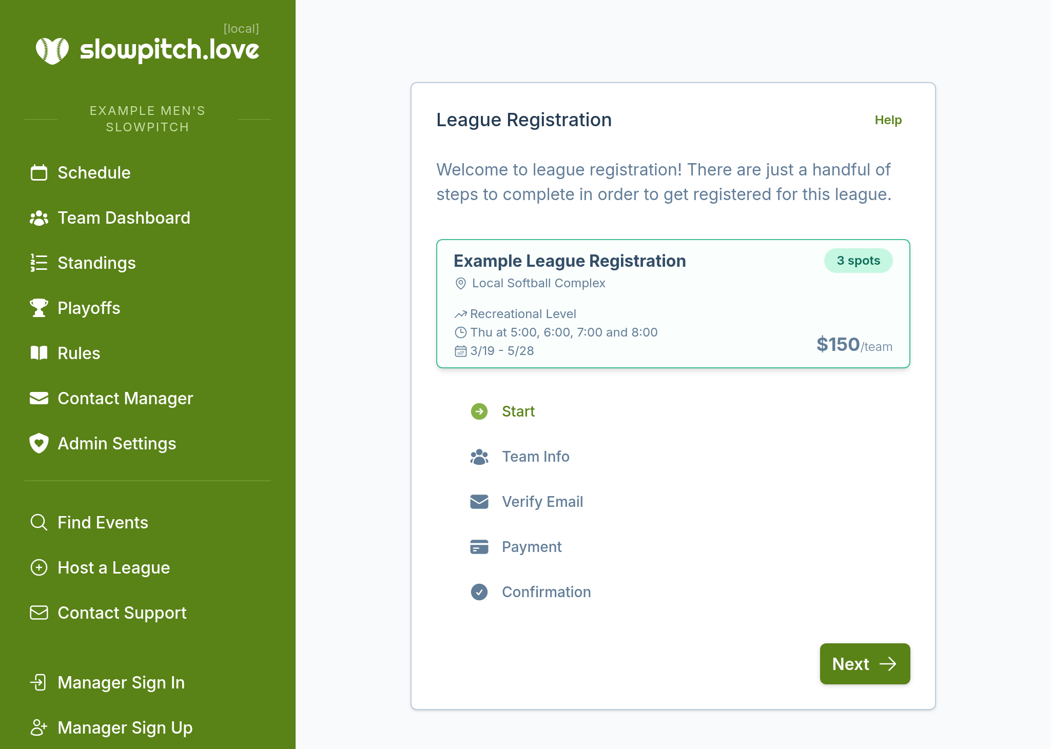 A screenshot of the team registration experience