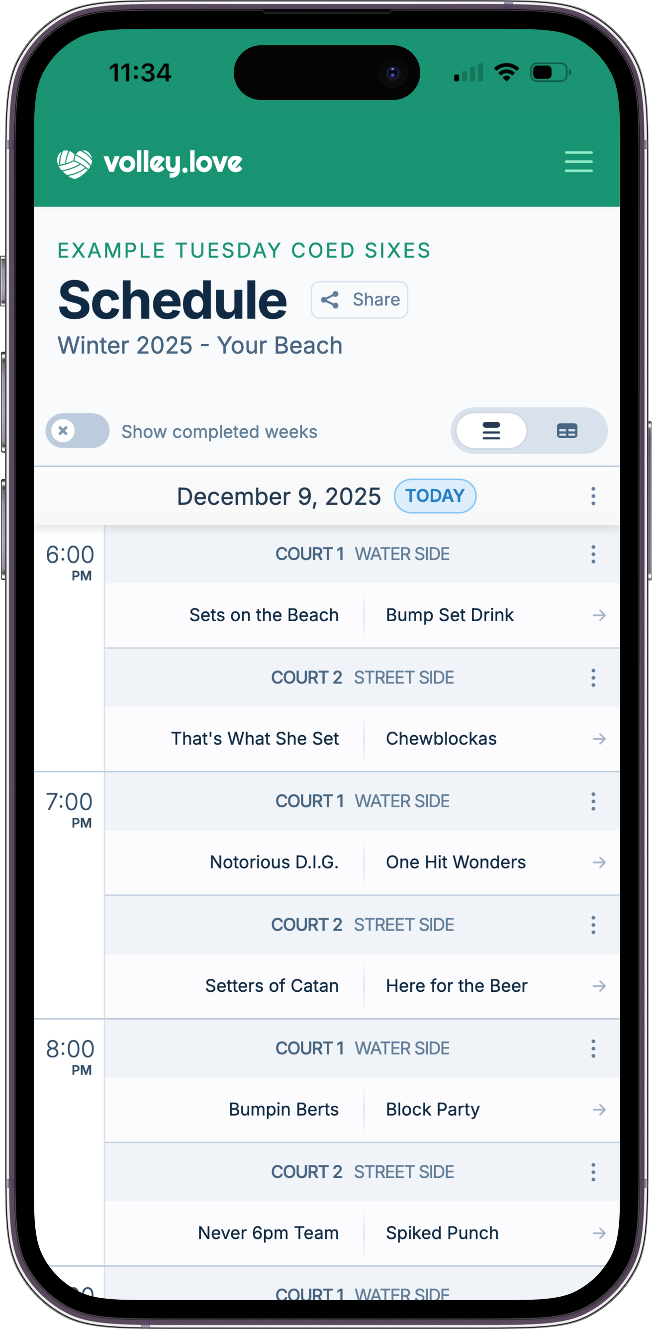 League schedule example