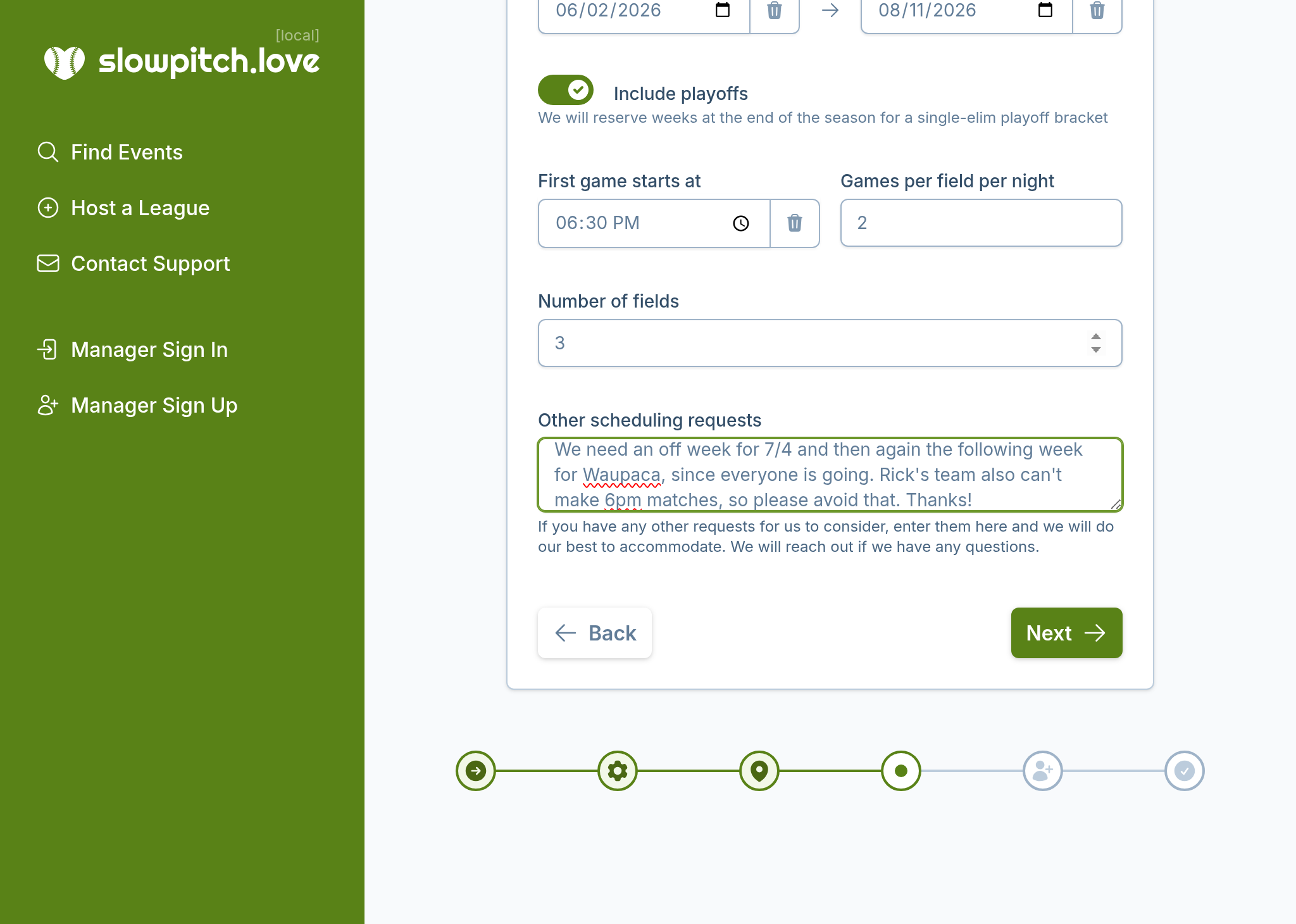 A screenshot of the league creation wizard where a league manager can enter scheduling constraints and preferences