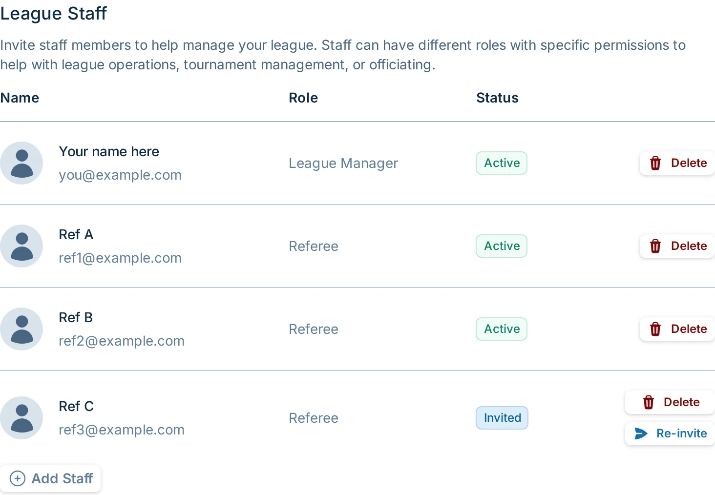 Admin Settings staff and permissions tab in slowpitch.love, a softball league admin control panel