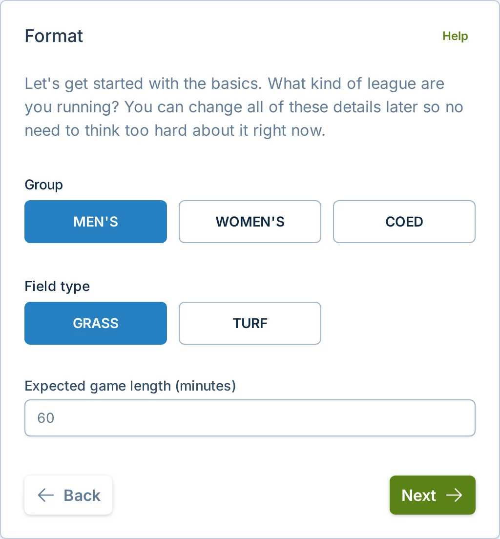 Create league format step in slowpitch.love, a softball league setup platform