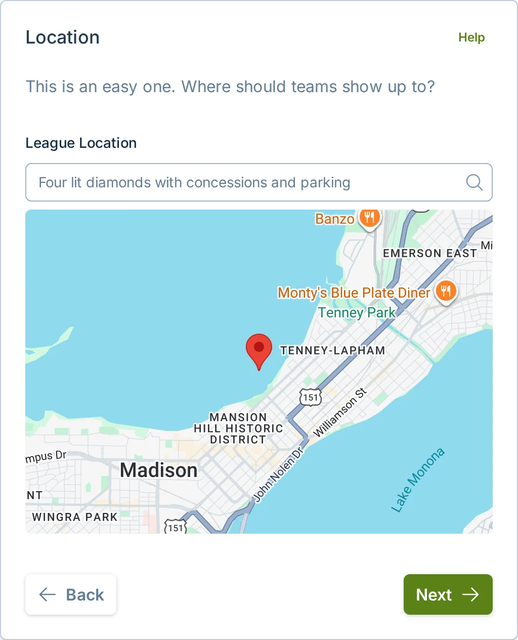 Create league location step in slowpitch.love, a softball venue and scheduling tool