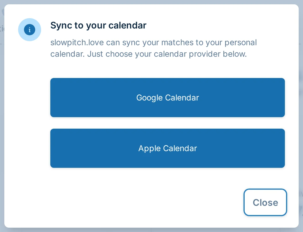 Calendar sync dialog on the slowpitch.love team dashboard for a softball league