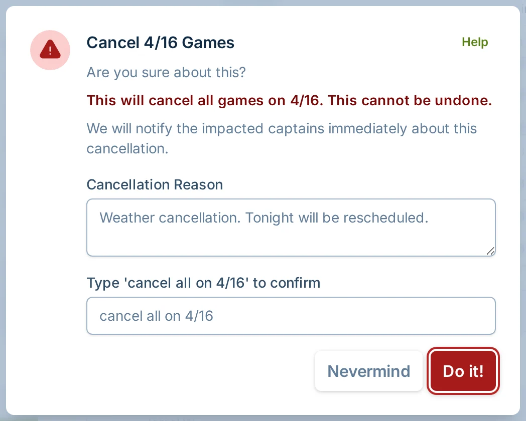 Cancel all games confirmation dialog in slowpitch.love, a softball organizer for league admins