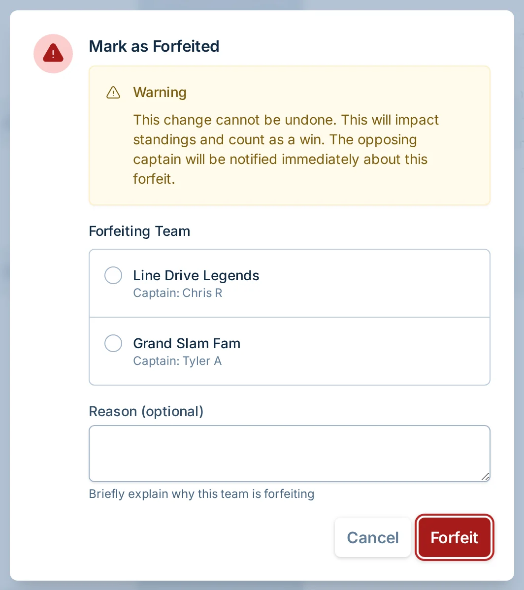Forfeit or no-show dialog in slowpitch.love, a softball league score reporting app
