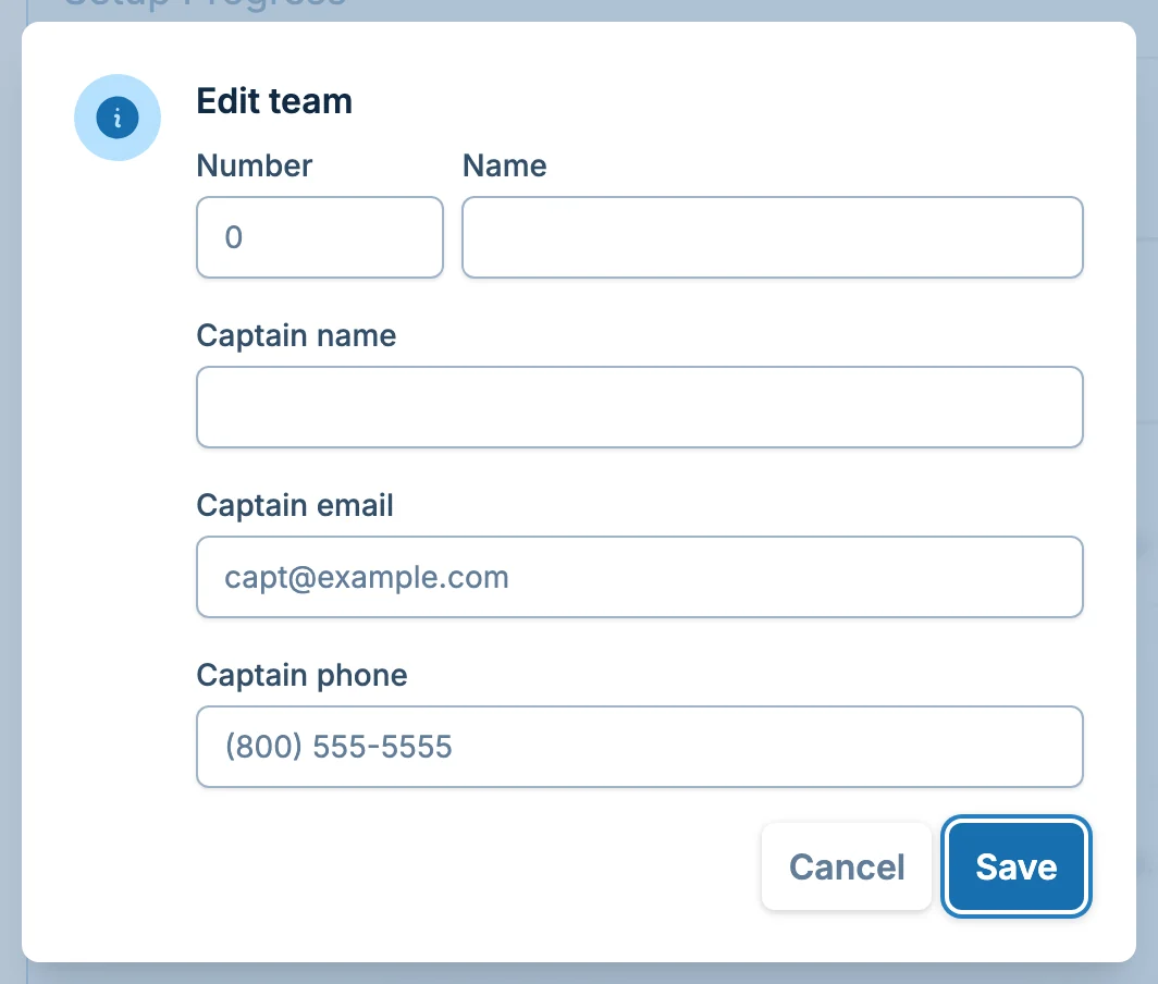 Edit team dialog in slowpitch.love, a softball league admin workspace