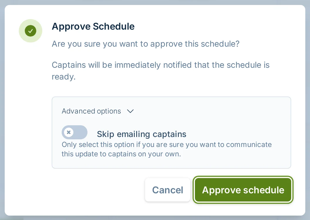 Approve Schedule dialog in slowpitch.love, a softball scheduling review tool for league managers