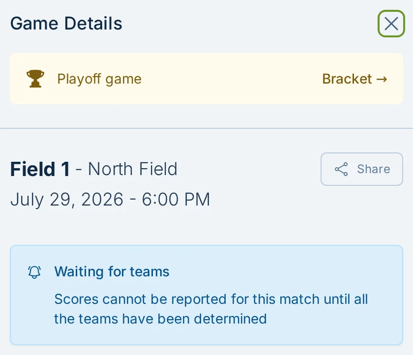 Playoff game details with a bracket link in slowpitch.love, a softball score reporting app