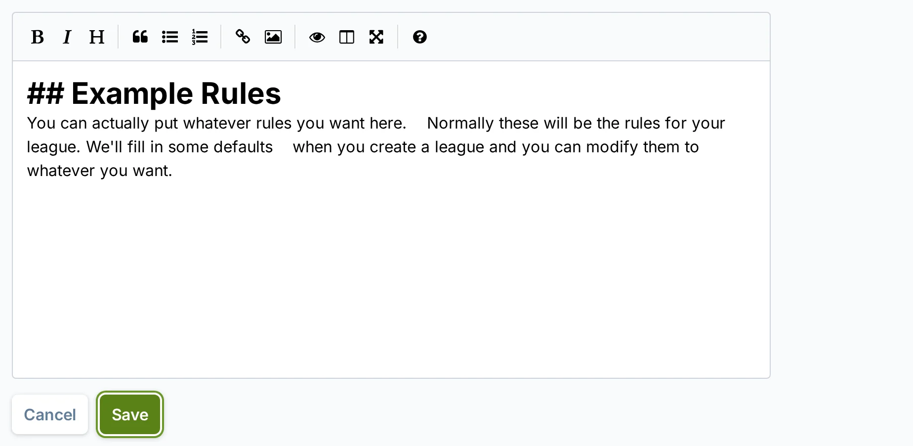 Rules editor in slowpitch.love, a softball league management app