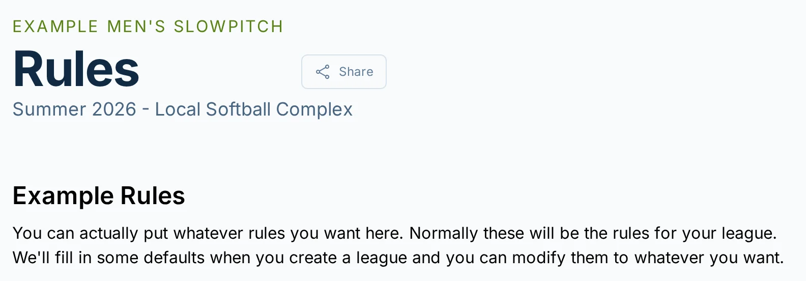 Rules page in slowpitch.love, a softball league management app